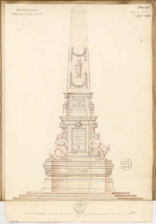 Gefallenendenkmal, Erfurt Monatskonkurrenz Juli 1874: Aufriss Vorderansicht; Maßstabsleiste