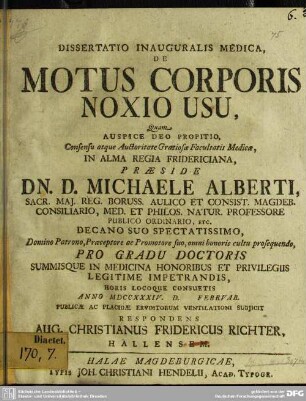 Dissertatio Inauguralis Medica, De Motus Corporis Noxio Usu