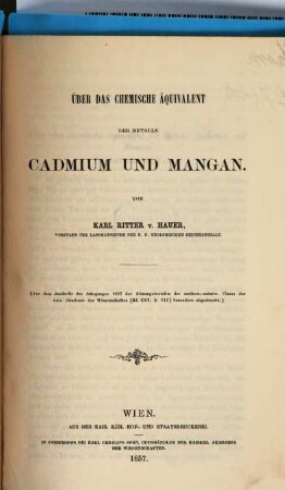 Über das chemische Äquivalent der Metalle Cadmium und Mangan