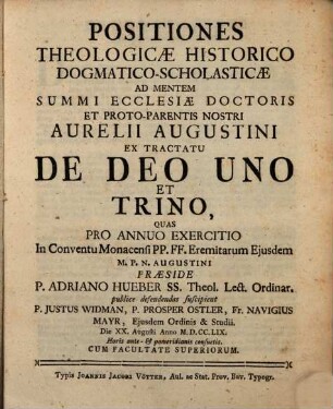 Positiones theol. ... ex tractatu de Deo uno et trino