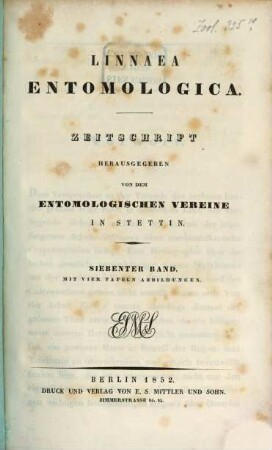 Linnaea entomologica : Zeitschrift. 7. 1852