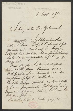 Brief an Ludwig Strecker <senior> und Mainzer Liedertafel und Damengesangverein, B. Schott's Söhne : 01.09.1910