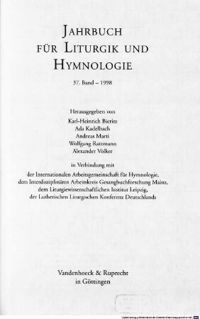 Jahrbuch für Liturgik und Hymnologie. 37. 1998