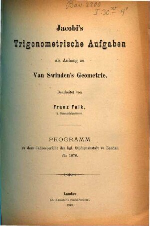 Jacobi's Trigonometrische Aufgaben als Anhang zu Van Swinden's Geometrie