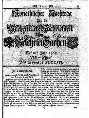 Monathliche Nachtrag [...] Auf das Jahr 1765 VIIItes Stuck Des Monaths Augusti