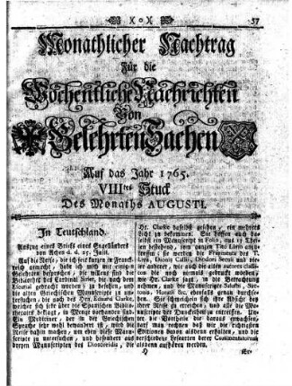 Monathliche Nachtrag [...] Auf das Jahr 1765 VIIItes Stuck Des Monaths Augusti