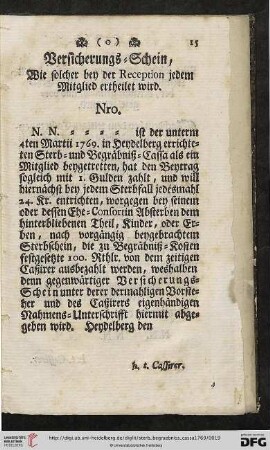 Versicherungs-Schein, wie solcher bey der Reception jedem Mitglied ertheilet wird