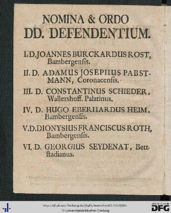 Nomina et Ordo DD. Defendentium.