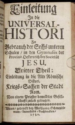 Dritter Theil: Einleitung in die Alte Römische Histori : Kriegs-Sachen der Stadt Rom