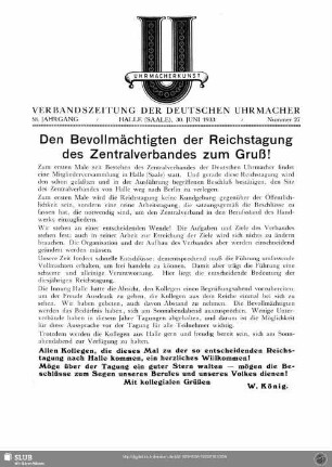 Den Bevollmächtigten der Reichstagung des Zentralverbandes zum Gruß!