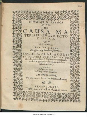 Disputatio Physica Quinta De Causa Materiali Seu Subiecto Physicae