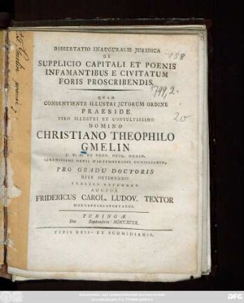 Dissertatio Inauguralis Juridica De Supplicio Capitali Et Poenis Infamantibus E Civitatum Foris Proscribendis