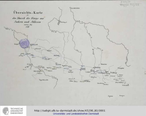 Übersichts-Karte für den Marsch des Königs aus Sachsen nach Schlesien. Anfangs May 1761. [Berlin,ca.1850]