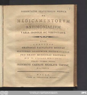 Dissertatio Inavgvralis Medica De Medicamentorvm Antimonialivm Varia Indole Ac Virtvtibvs