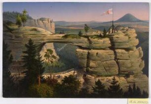Ansicht vom Prebischtor bei Hrensko in der Böhmischen Schweiz , Lithographie, um 1860 : Prebischthor : Sächsische Schweiz. - Dresd[en] : Ed. Müller , [um 1860]. - 1 Kunstblatt : gouachierte Lithogr. ; 18 x 12 cm