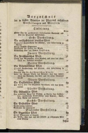 Verzeichnis der in diesem Bändchen der Pferdelust enthaltenen Vorstellungen und Materien.