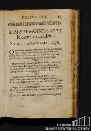 A Mademoiselle le coeur en cendre. Sonnet Anagramatiqve.