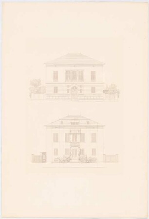 Werke der höheren Baukunst, Darmstadt 1846/47 Villa: Aufriss Straßenansicht, Gartenansicht