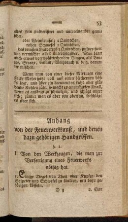 Anhang von der Feuerwerkkunst, und denen dazu gehörigen Handgriffen.