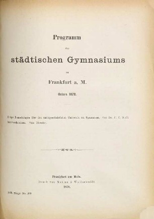 Programm des Städtischen Gymnasiums in Frankfurt a.M. : Ostern .... 1877/78