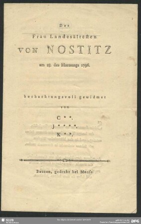 Der Frau Landesältesten von Nostitz am 28. des Hornungs 1796