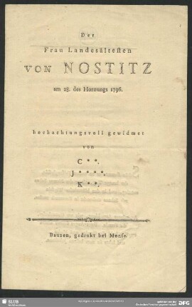 Der Frau Landesältesten von Nostitz am 28. des Hornungs 1796