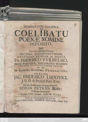 Dissertatio Juridica De Coelibatu Poenæ Nomine Imposito