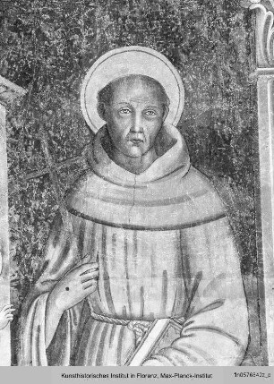 Thronende Madonna mit Christuskind, das einen Rosenkranz hält, und den Heiligen Viktor und Franz von Assisi