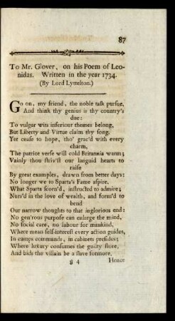 To Mr. Glover, on his Poem of Leonidas. Written in the year 1734. (By Lord Lyttelton)