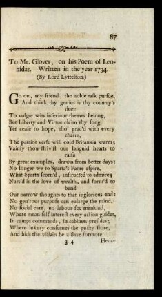To Mr. Glover, on his Poem of Leonidas. Written in the year 1734. (By Lord Lyttelton)
