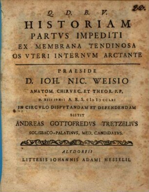 Historia partus impediti ex membrana tendinosa, os uteri internum arctante