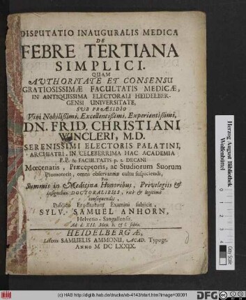 Disputatio Inauguralis Medica De Febre Tertiana Simplici