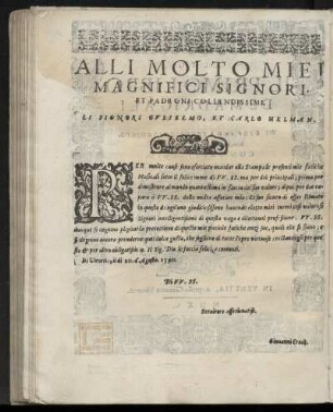 Dedikation an Gulielmo und Carlo Helman von Giovanni Croce, Venedig 20. August 1590