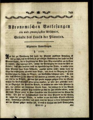 Der Astronomischen Vorlesungen ein und zwanzigster Abschnitt. Gründe des Laufs der Planeten.