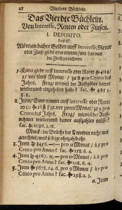 Das Vierdte Büchlein. Von Interesse, Renten oder Zinsen.