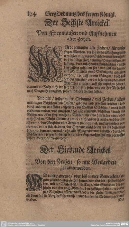 Der Siebende Artickel. Von den Zechen/ so wie Weilarbeit gebauet werden.