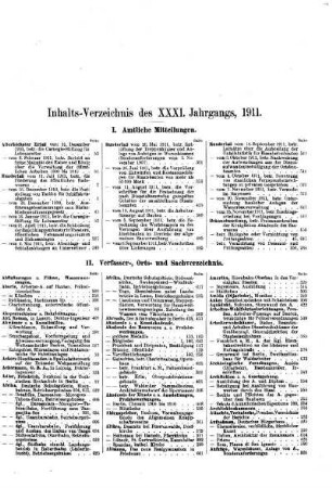 Inhalts-Verzeichniß des XXXI. Jahrgangs, 1911.