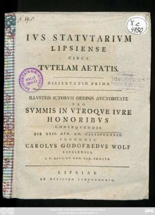 Ivs Statvtarivm Lipsiense Circa Tvtelam Aetatis. : Dissertatio Prima