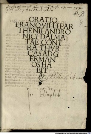 Oratio Tranquilli Parthenii Andronici Dalmatae contra Thurcas ad Germanos habita