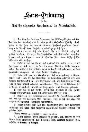 Haus-Ordnung für das städtische allgemeine Krankenhaus im Friedrichshain