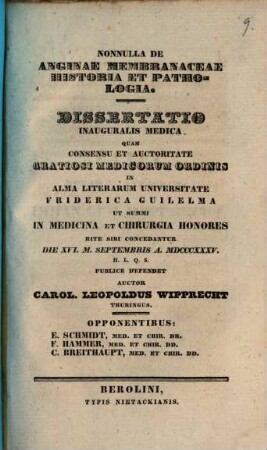 Nonnulla de anginae membranaceae historia et pathologia : diss. inaug. med.