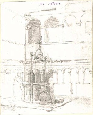 Walther, Conradin; u. a. Italien; Sammlung Conradin Walther: Band I, Nr. 138b - 192 (fol. 300 - 378) - Brunnen im Innenhof (Perspektive)
