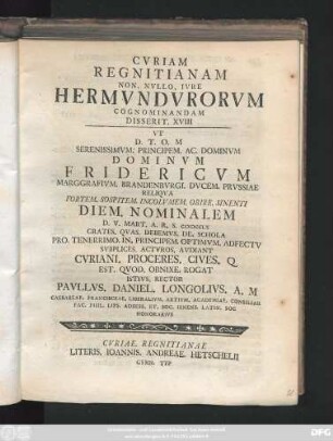 18: Cvriam Regnitianam Non. Nvllo. Ivre Hermvndvrorvm Cognominandam Disserit ...
