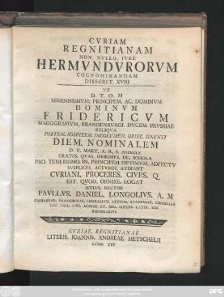 18: Cvriam Regnitianam Non. Nvllo. Ivre Hermvndvrorvm Cognominandam Disserit ...