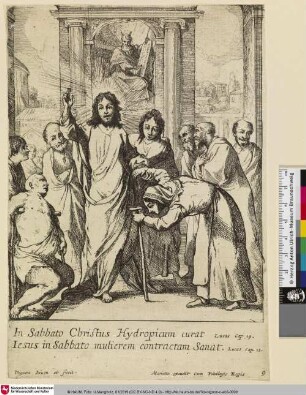 [Christus heilt einen Gelähmten und eine gerkümmte Frau am Sabbat; Jésus-Christ guérit un paralytique et une femme courbée au jour du sabbat]