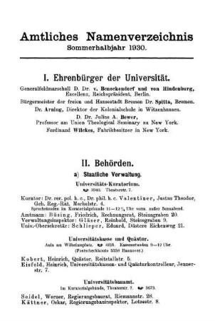 Amtliches Namenverzeichnis Sommerhalbjahr 1930.