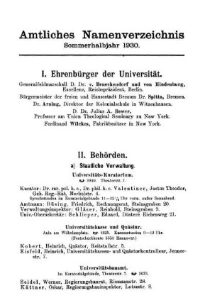 Amtliches Namenverzeichnis Sommerhalbjahr 1930.