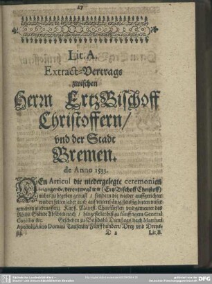 Lit A. Extract-Vertrags zwischen Herrn ErtzBischoff Christoffen, und der Stadt Bremen. de Anno 1533