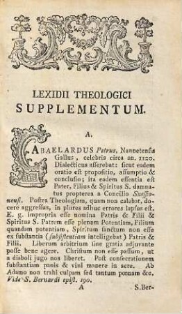 Lexidion Theologicum : Ex Editione Gallica Latine Redditum, Recognitum, Auctum. Almae Congregationi Electorali Academicae Maiori B. Mariae Virginis Ab Angelo Salutatae Heidelbergae In Strenam Oblatum, [4]. Supplementum
