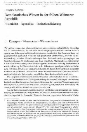 Demokratisches Wissen in der frühen Weimarer Republik. Historizität - Agonalität - Institutionalisierung